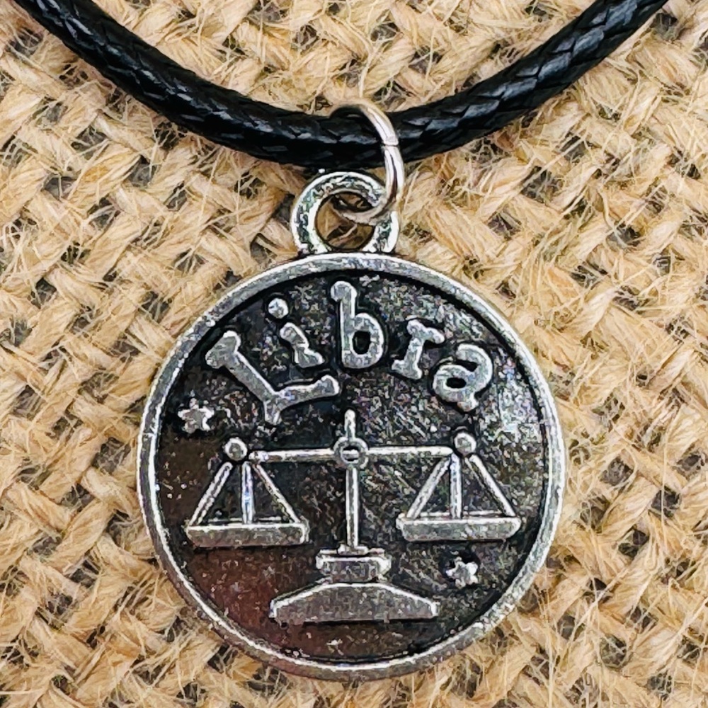 Libra Zodiac Necklace – Silvertone Astrology Pendant on Black Leather Cord